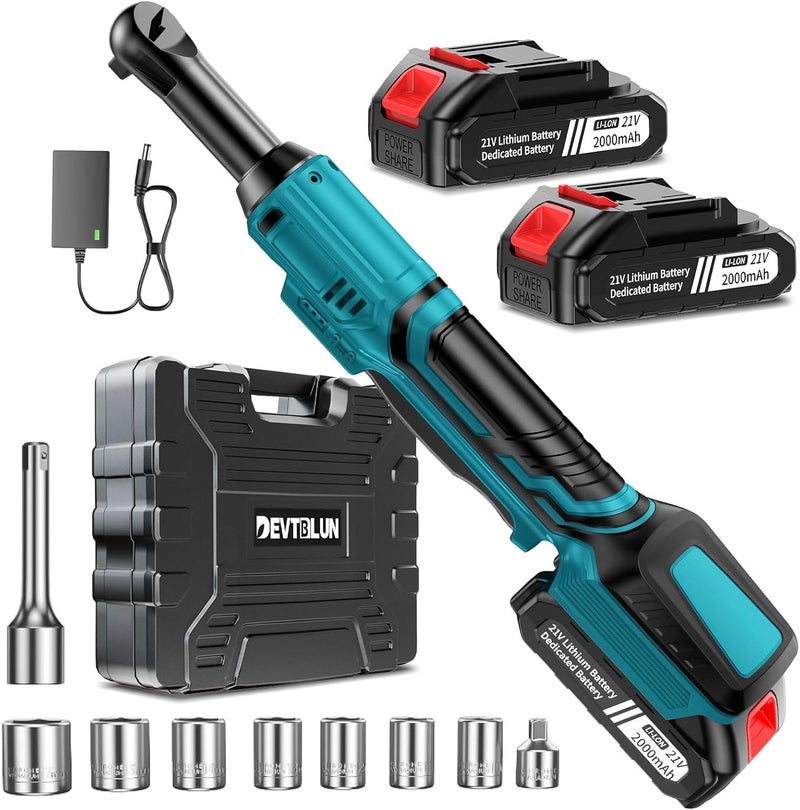 DEVTBLUN 21V Electric Ratchet Wrench Set,60FT-LBS (80N.m) Extended Cordless Ratchet Wrench with 2x 2.0Ah Battery,3/8" 400 RPM Variable Speed Power Ratchet Driver Set with 7 Sockets,1/4 Adaptor, 3"Extension Bar - Image 1